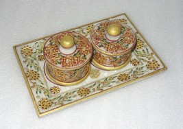 9&quot; Marble Jaipur Hand Painted Gold Handmade Bowl Tray Set For Dry Fruit ... - $3,007.37 MXN