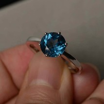 2Ct Round Cut London Blue Topaz Solitaire Engagement Ring 14K White Gold Finish - £117.49 GBP