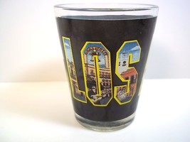 Souvenir shot glass Los Angeles pictorial skyline letters color on black decal - £5.96 GBP