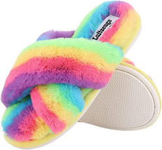 NEW Womens Rainbow Pride Crossband Plush Memory Foam Open Toe Slippers s... - £10.32 GBP