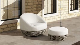 Willow 25&#39; Round Upholstered Woven Patio Ottoman - Beige Axroma Olefin - $8,103.30 MXN