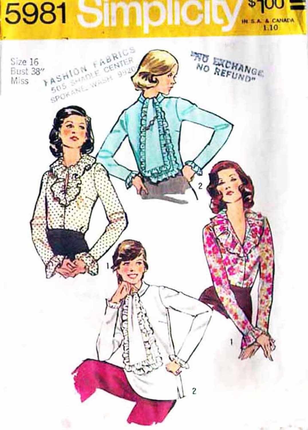 Misses' BLOUSES Vintage 1973 Simplicity Pattern 5981 Size 16 - $12.00