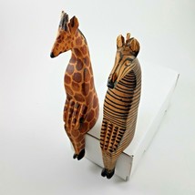 Giraffe &amp; Zebra Hand Carved Wooden African Sculpture Shelf Ornament 8.5&quot; - £38.29 GBP