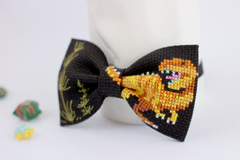 Tyrannosaurus Rex Cross Stitch Bow Tie T-rex Embroidered Black Cotton - £20.78 GBP