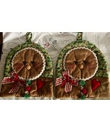 2 Thick Gingerbread Face Pot Holders White Rick Rack Red Plaid Bow Holly... - $20.29 CAD