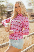 Pink Cowgirl Boots Printed Mock Neck Long Sleeve Mesh Top - $9.29