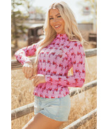 Pink Cowgirl Boots Printed Mock Neck Long Sleeve Mesh Top - $170.36 MXN