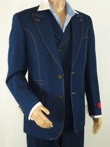 Men Denim Suit Royal Diamond 3 Piece vested Wide Leg Pleated Pants Den10 Blue image 10