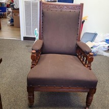 Antique Ornately Carved Wood Framed Fabric Victorian Throne Armchair - £553.95 GBP