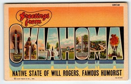 Greetings From Oklahoma Postcard Large Big Letter Curt Teich State Will Rogers - £7.45 GBP