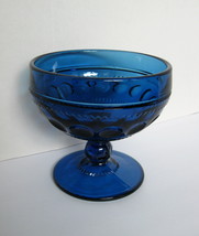 Tiara Glass King&#39;s Crown Thumbprint Imperial Blue Pedestal Compote Candy Dish - £25.31 GBP