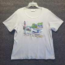 Quacker Factory Women&#39;s lighthouse embroidered summer scene T-Shirt Sz L - £19.51 GBP