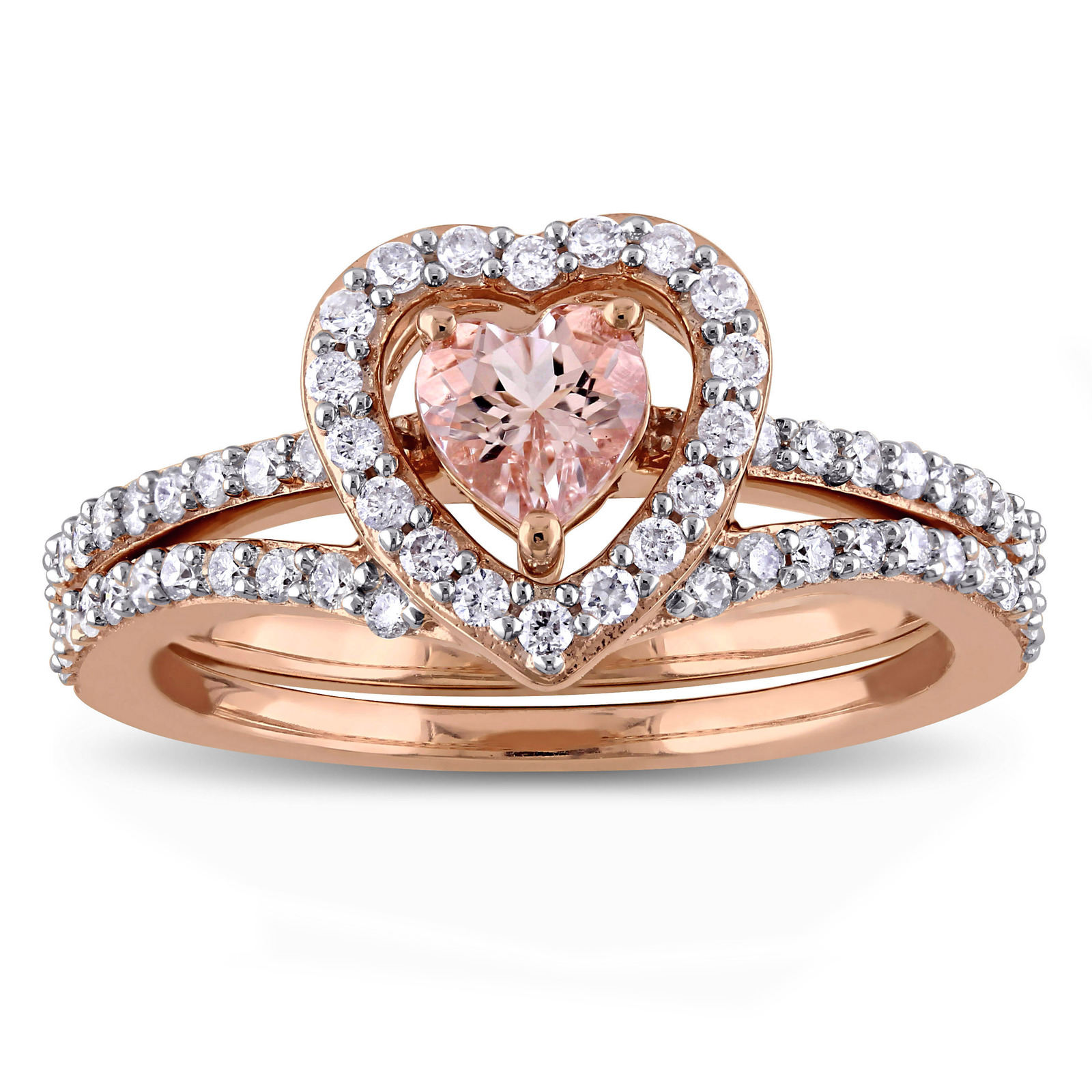 Love Heart Morganite & CZ Dia 14K Rose Gold Over Silver Promise Bridal Ring Set  - $60.86