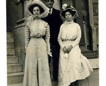 2 Women in Fancy Hats &amp; Dresses pose with Man Real Photo Postcard CYKO S... - £23.66 GBP