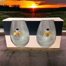 Rachel Zoe Design Gold Bees Stemless Wine Glasses NEW Rhinestones Sparkly Bumble - £35.47 GBP