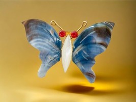 Blue Shell Butterfly Pearl Gold Tone Brooch Pin Red Eyes - £11.64 GBP