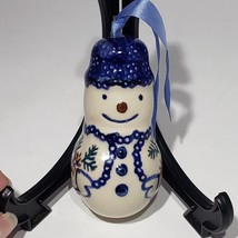 Polish Pottery Christmas 3.25&quot; Smiling Happy Snowman Blue Hat Ornament - £13.54 GBP