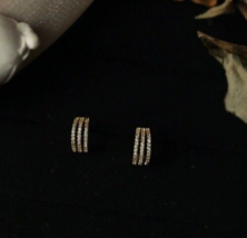 14K Gold Triple Banded Semi Hoops Stud Earrings - S925 Sterling Silver, unisex - £41.82 GBP