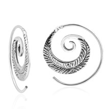 Feather Nature Branch Spiral Slide Hoop Sterling Silver Earrings - £16.86 GBP