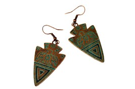 Aztec Tribal Bird Earrings, Green Blue Patina Earrings, Bohemian Ethnic Style - £12.06 GBP