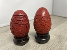Vintage CHINESE Hand Carved Faux CINNABAR Egg Red Lot Of 2 CV JD - $24.74