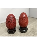 Vintage CHINESE Hand Carved Faux CINNABAR Egg Red Lot Of 2 CV JD - $24.74