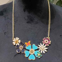 Alilang Golden Tone Enamel Flower and Butterfly Bib Statement Necklace Rhineston - £23.56 GBP