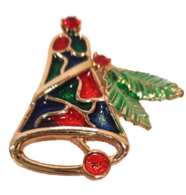 VTG BROOCH PIN SIGNED B.J. Christmas Bell Enamel Rhinestones Gold Tone 2&quot; - £9.50 GBP