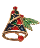 VTG BROOCH PIN SIGNED B.J. Christmas Bell Enamel Rhinestones Gold Tone 2&quot; - £9.54 GBP