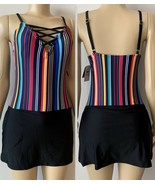 Nautica Women&#39;s Striped Lace-Up Swimdress with Pockets, Multi-Color/Blac... - $48.36 CAD