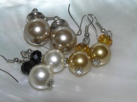 Estate Lot of 3 Faux White Gold &amp; Champagne Pearl Bead Dangle Earrings - £9.74 GBP