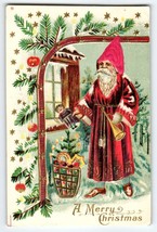 Santa Claus Christmas Postcard Old World Silk Hat Maroon Robe toys Austria 1913 - £54.70 GBP