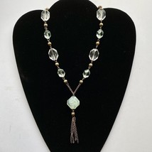 Mint Green &amp; Clear Faceted Lucite Brass Tone Chain Tassel Pendant Necklace 21” - £12.02 GBP