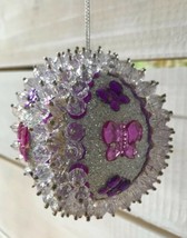 Vtg Handcrafted 4&quot; Christmas Ornament Butterflies Sequins Beaded Pink Purple Fom - £15.65 GBP