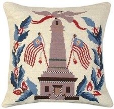 Throw Pillow Needlepoint Monument Flags 18x18 Cream Cotton Velvet Wool H... - £231.01 GBP