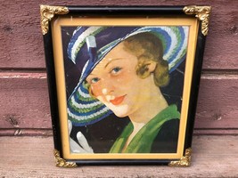 Vtg Art Deco Woman W Hat Cut Magazine Ad In Black Frame W Metal Decorations - £15.44 GBP