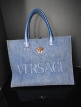 Versace Gold Logo La Medusa  Fabric Calf Leather  Denim  Blue Large Tote Bag image 12