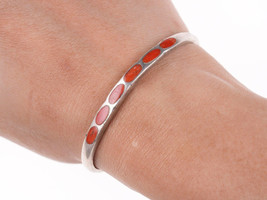 6 1/8&quot; vintage Zuni flush inlay coral and silver bracelet - $202.70