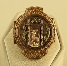 Antique Gold Filled Victorian Art Deco Embossed Deer Etruscan Locket Pin Brooch - £87.04 GBP