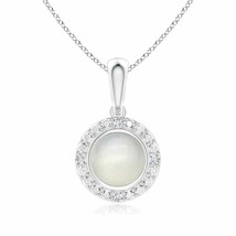 Bezel-Set Round Moonstone Pendant with Beaded Halo in Silver - £187.50 GBP