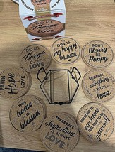 Cork Coasters Positive Mind, Life, &amp; Vibes 8 Unique Phrases &amp; Metal holder NEW - £14.92 GBP