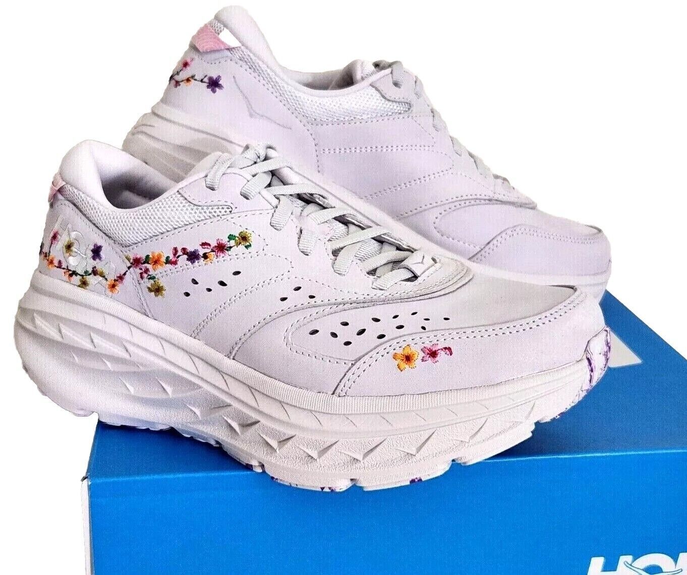 HOKA Bondi L VIBRANT BLOOM FLOWER EMBROIDERED LEATHER SNEAKERS SHOESNIB!