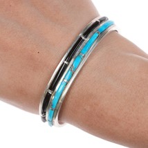 6.5&quot; Vintage Zuni  turquoise and Jet channel inlay silver cuff bracelet - £202.28 GBP