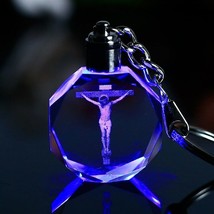 Jesus Cross Crystal Crafts Glass Keychain Changing Colors Light Laser Engraved - $15.72