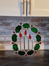 Vintage Stained Large Glass Sun Catcher Holly/Berries Wreath W/candles 11&quot;X12&quot; - £14.79 GBP