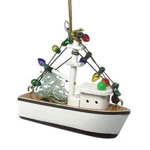 Hand Painted 3&quot; Wooden Shrimp Boat w/ Decorations Nautical Coastal Xmas Ornament - £7.89 GBP