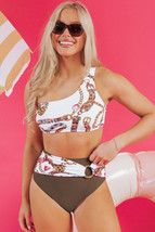 Khaki Abstract Print One Shoulder Ring Linked High Waist Bikini - $267.55 MXN