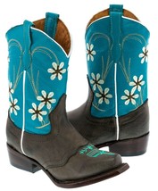 Girls Bright Blue Brown Flower Embroidered Cowgirl Leather Boots Kids Sn... - £43.25 GBP