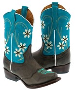 Girls Bright Blue Brown Flower Embroidered Cowgirl Leather Boots Kids Sn... - £41.75 GBP