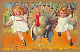 Thanksgiving Greetings~Young Blonde Girls Run With Turkey~Gilt Embossed Postcard - £7.59 GBP